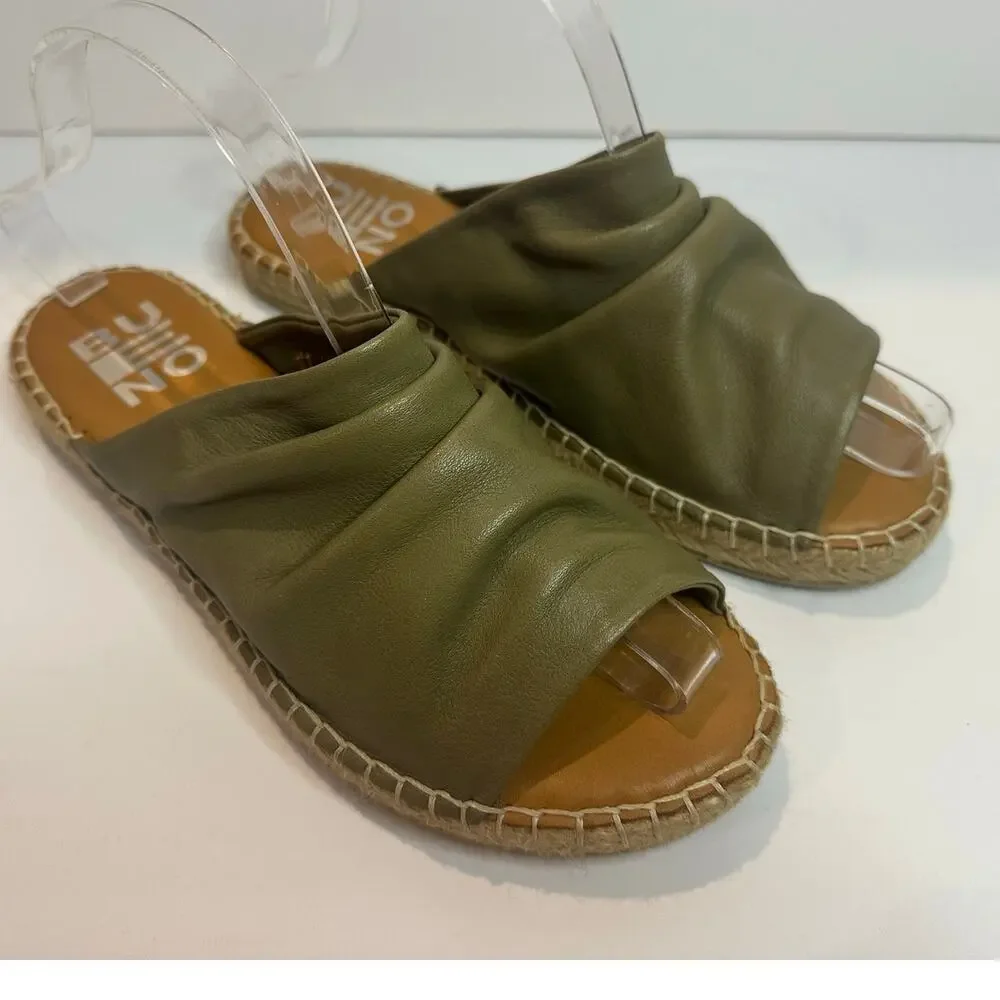 Bueno Nice Leather Espadrille Slide Sandals Size 40 Green Ruched Comfort Shoes